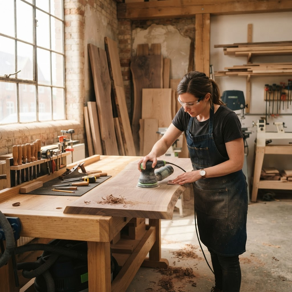 Craftsperson finishing a wooden desk top in a bright workshop
